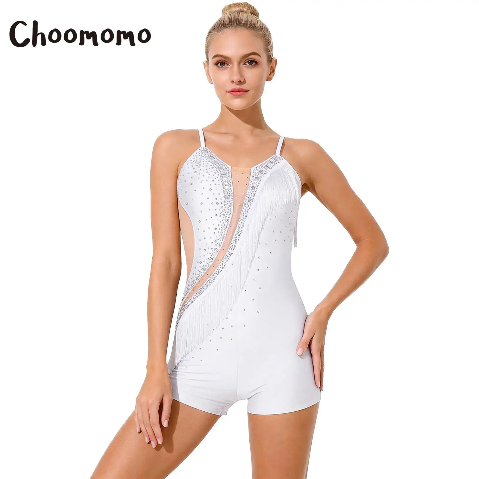 

Women Tassel Latin Dance Leotard Bodysuit Rhinestones Sheer Patchwork Boy Legs Fringed Rompers Tango Cha-cha Skating Jumpsuit