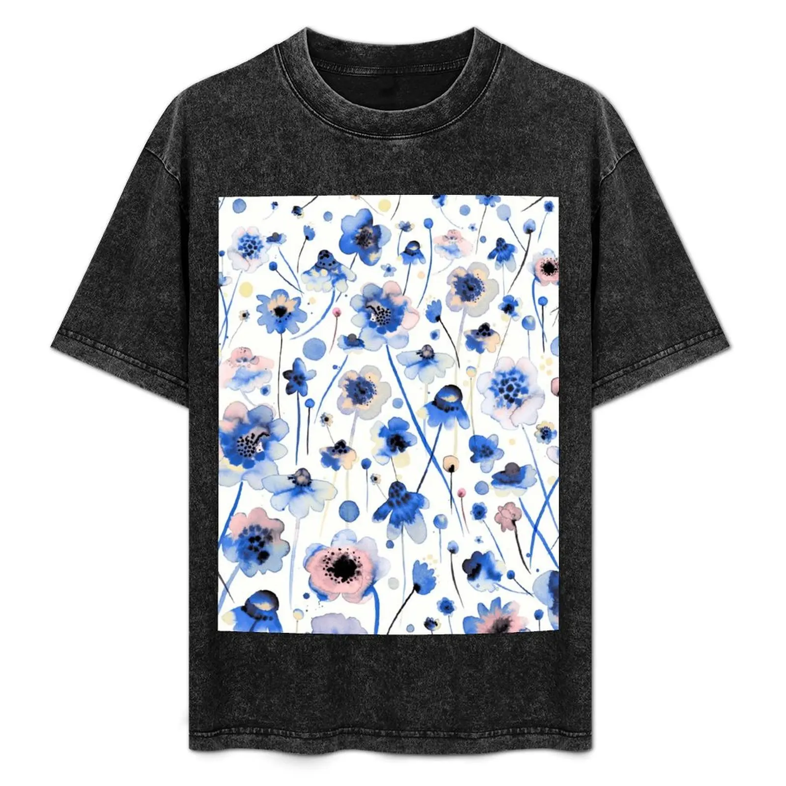 

Soft wildflowers painted with ink and watercolor - pastel blue T-Shirt Work Outdoor Short Sleeve Tee