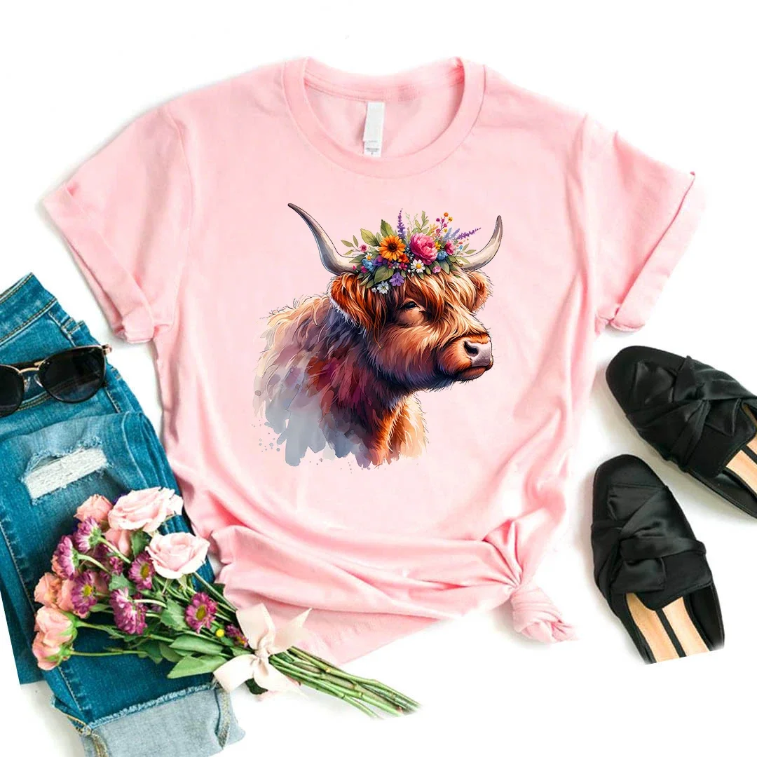 New Highland Cow Floral Crown Printed Pink T Shirt Girls Harajuku Kawaii Summer Fashion Tops Tee Shirt Femme T-Shirt