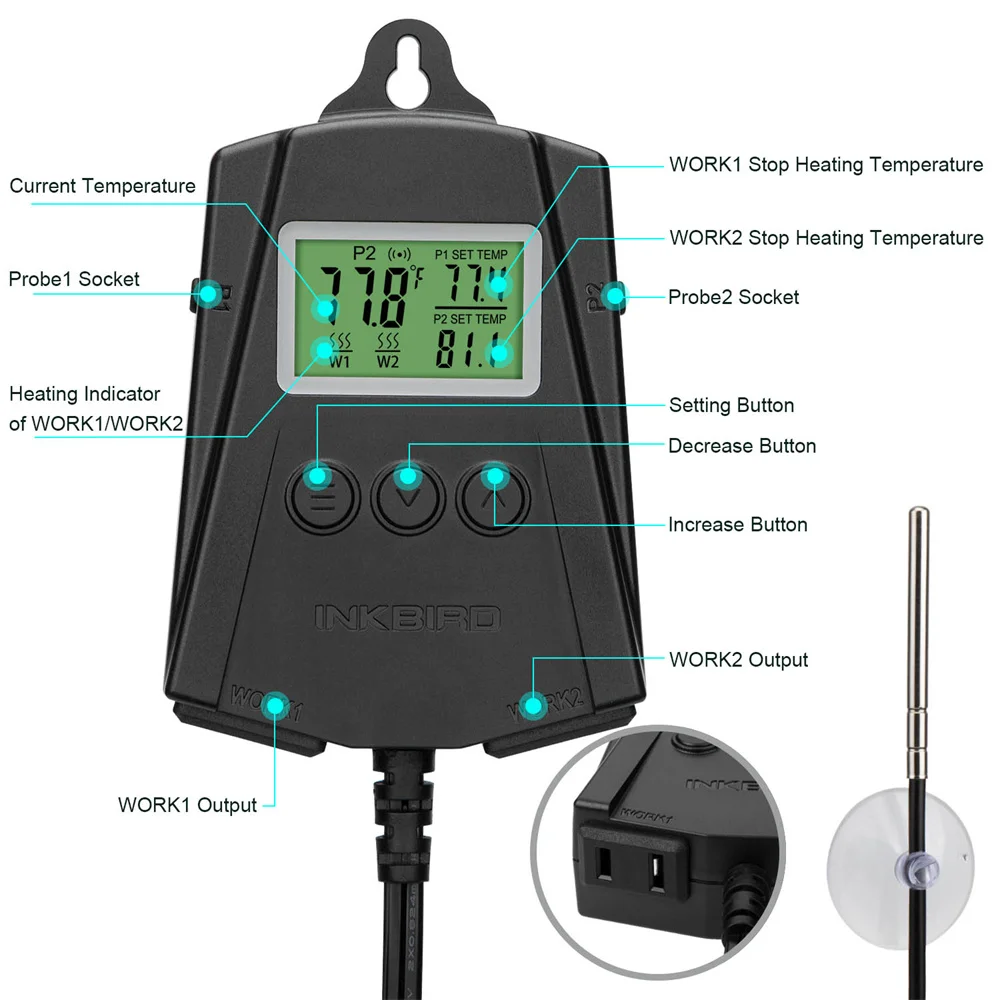 Regolatore di temperatura IPT-2CH INKBIRD connessione wi-fi doppio relè di controllo termostato tappetino di calore con allarme di temperatura per