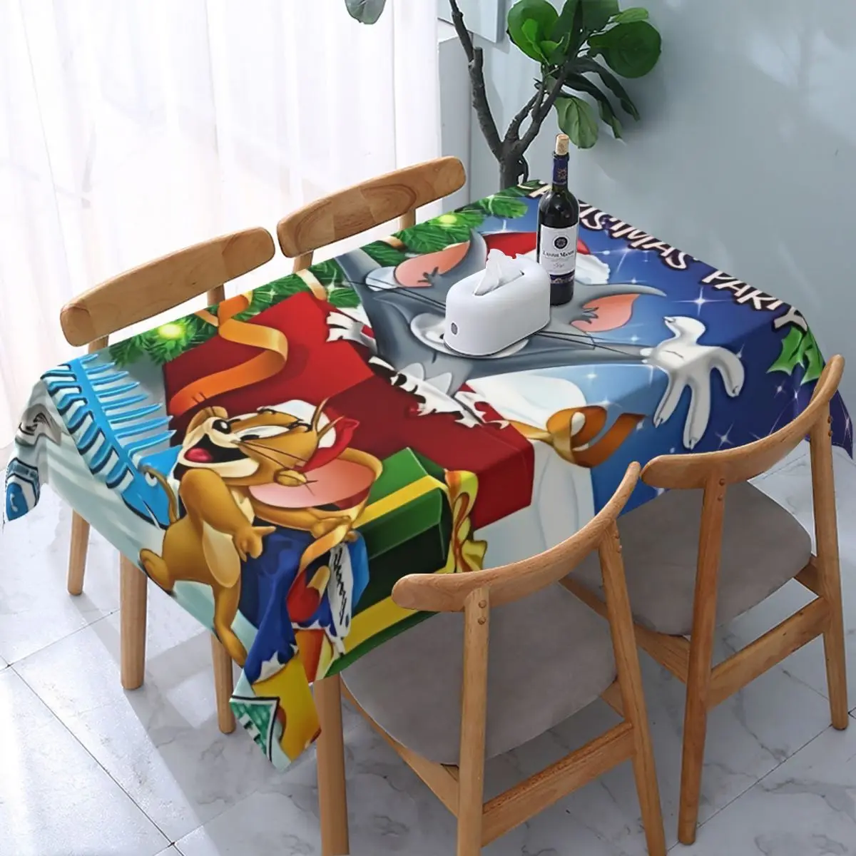 Rectangular Fitted Disney Animation Tom And Jerry Table Cloth Waterproof Tablecloth Outdoor Table Cover Backed with Elastic Edge