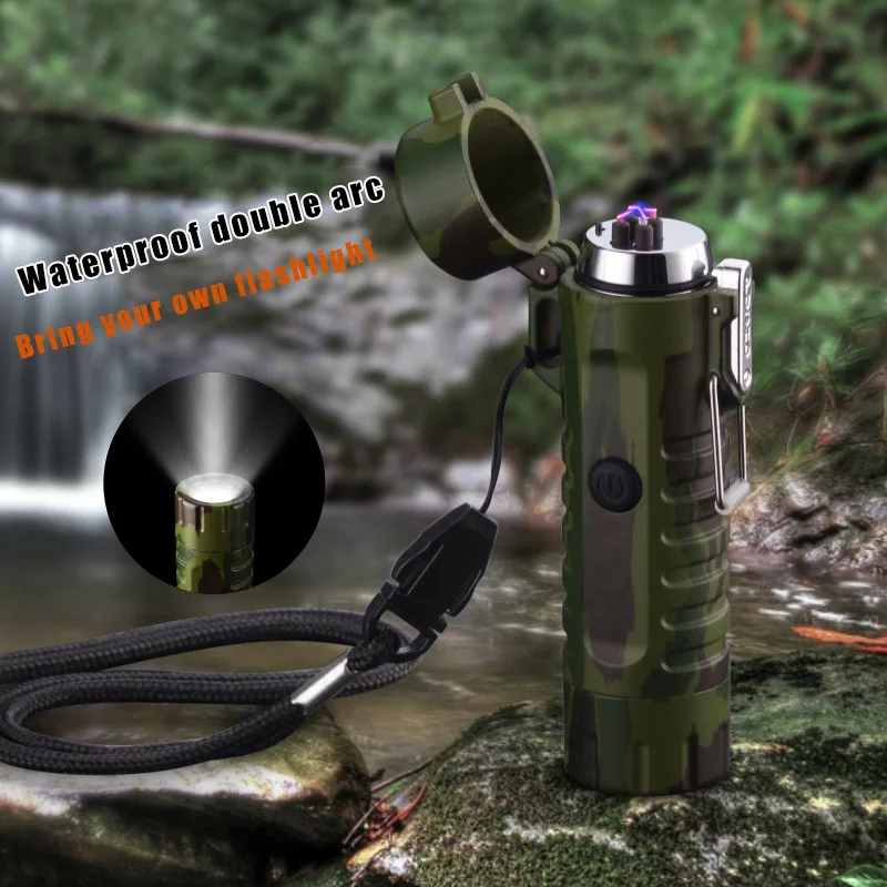 2 IN 1 Waterproof USB Lighter Rechargeable Flameless Lighter with Torch for Outdoor Camping Hiking