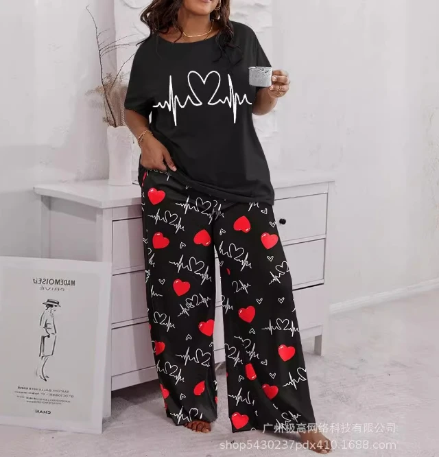 

Printed short sleeved T-shirt+long pants home two-piece set 2024 spring/summer new women's casual daily home clothing set