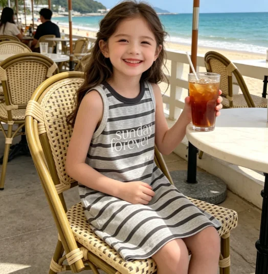 Girls Dress 2026 Spring and Summer New Children's Clothing Korean Style Girl Baby Leisure Holiday Beach Striped Dress