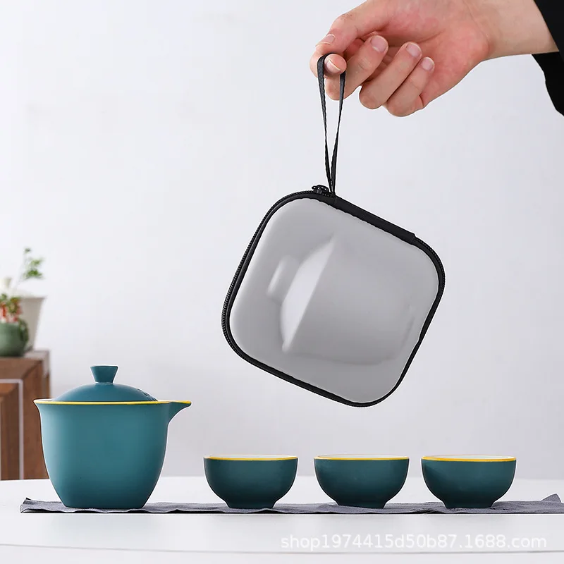 

Celadon Travel Tea Set Portable One Pot Three Cups Car Outdoor Teapot Souvenir