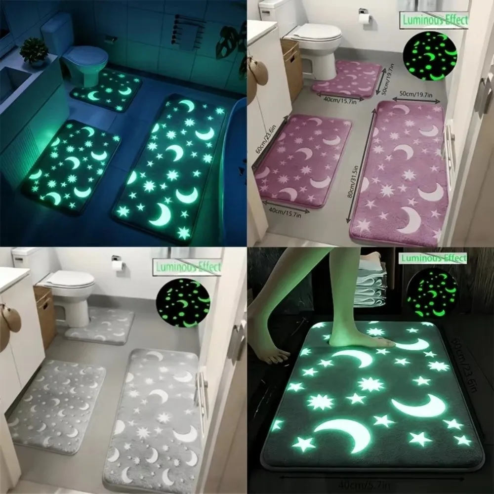 Glow in Dark Luminous Moon Star Pattern Toilet Mat Soft Absorbent Non Slip Bathroom Rug Toilet Floor Mat Home Decor