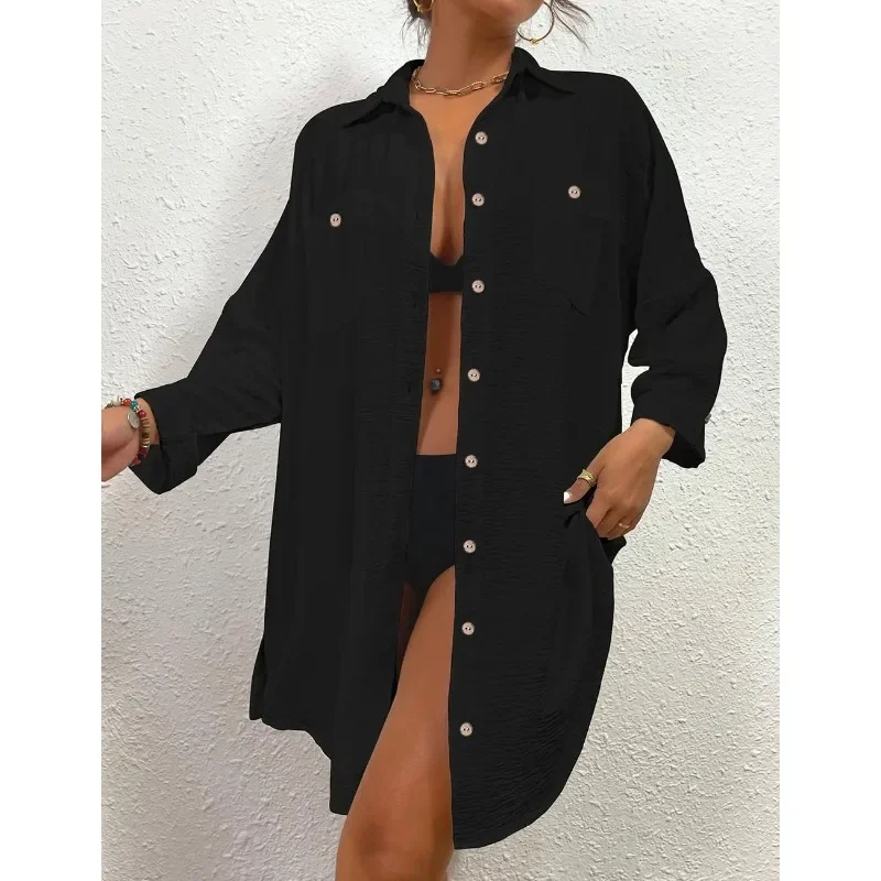템퍼먼트 솔리드 컬러 비치 커버업 여성용 심플 긴팔 싱글 브레스티드 수영복 커버업 2025 신상 캐주얼 셔츠 드레스