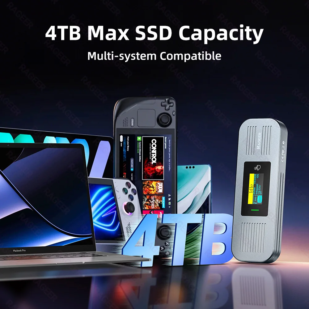 RAGEER Visual Smart M.2 NVMe 2280, adaptor USB-C aluminium dengan kecepatan Transfer Data 10Gbps untuk penyimpanan SSD eksternal.