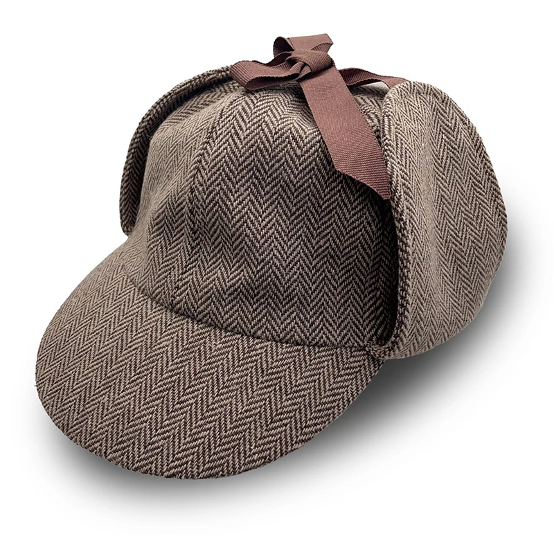 Vintage Checkered Deer Stalker Hat Double-Brim Detective Cap with Ear Flaps for Autumn Winter Warmth