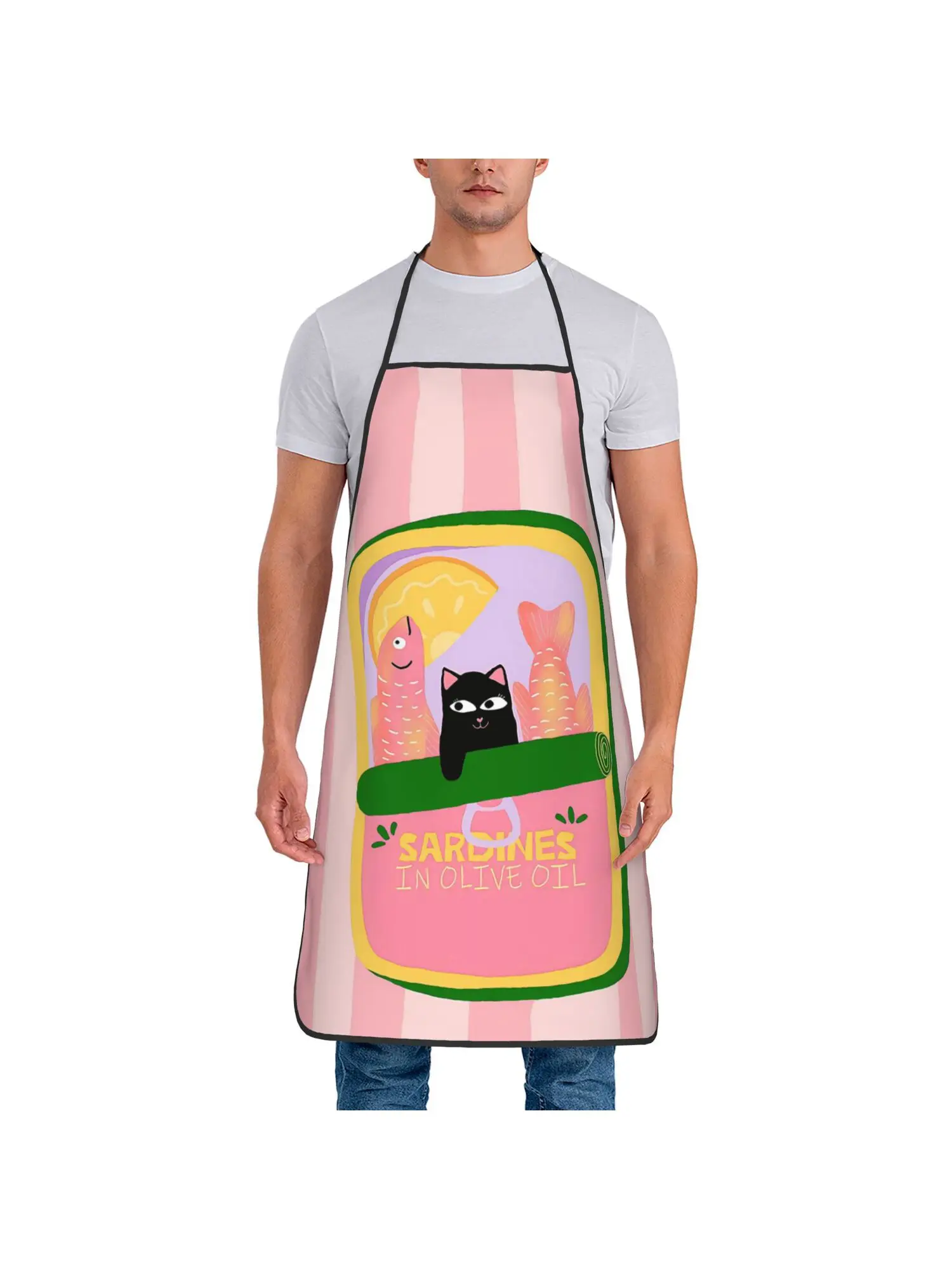 Cute Cat Sandwich Apron, Pink Stripe Cartoon Animal Graphic Cooking Bib, Kawaii Kitchen Decor, Gift for Cat Lover