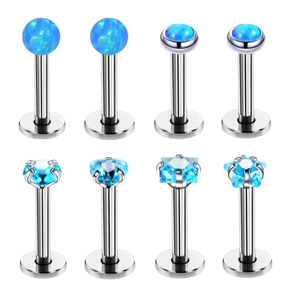 8pc 6/8/10mm Steel Bar Opal Ball Multi Shape Zircon Monroe Labret Internally Threaded Lip Stud Ear Piercing Jewelry Blue