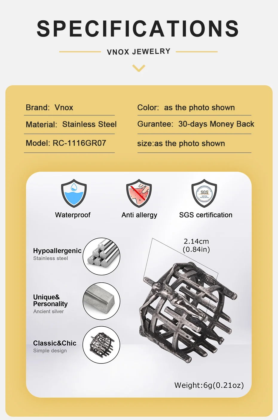 Vnox Antiker Käfig-Kruzifix-Ring für Männer, Gotischer Punk Hohlkreuz-Fingerring Religiöses Christliches Amulett Schmuck Geschenk – Detail 5