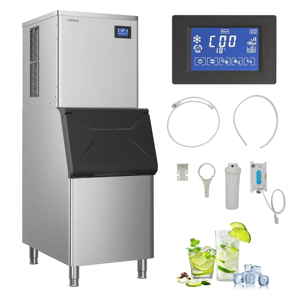 Commercial Ice Maker Machine, 440 lbs /24 h, 330 lbs Storage Bin, Automatic Cleaning, Includes Ice Shovel, Connection Hose