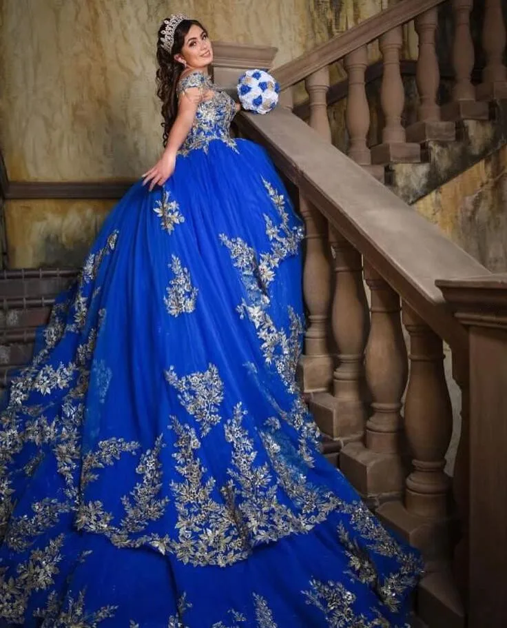 King Blue Cathedral Train Quinceanera Dresses Off Shoulder Applique Tassel Sweet 16 vestido xv años 2024 Lace Up