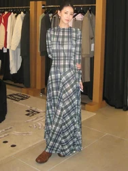 Irregular plaid splicing long dress temperament high street elastic Slim round neck long-sleeved women's dress 2024 Autumn New