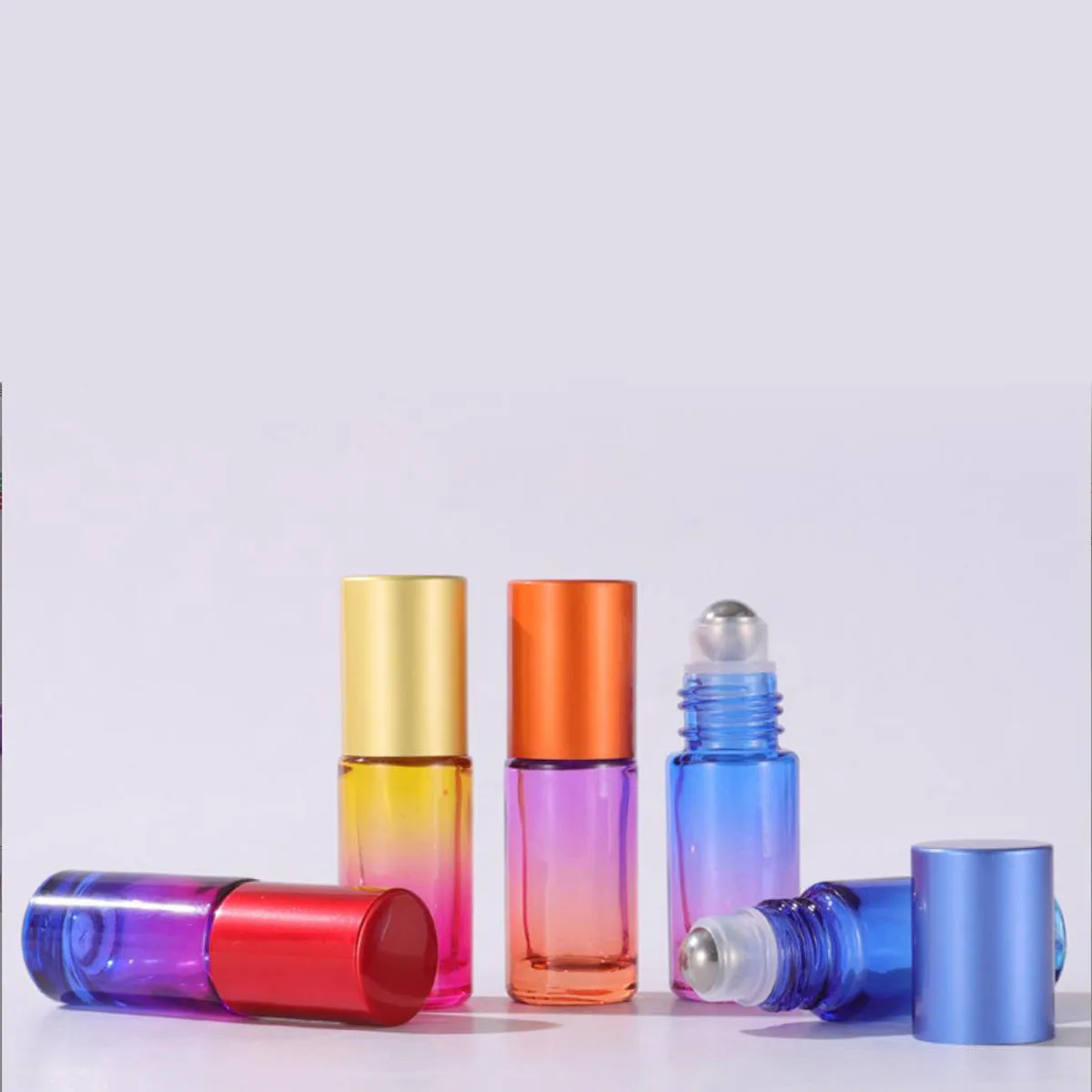 5X 5ml Glass Roll on Bottles Refillable Essential Oils Roller Vials Aromatherapy Perfume Gradient multiple colour Steel Roler