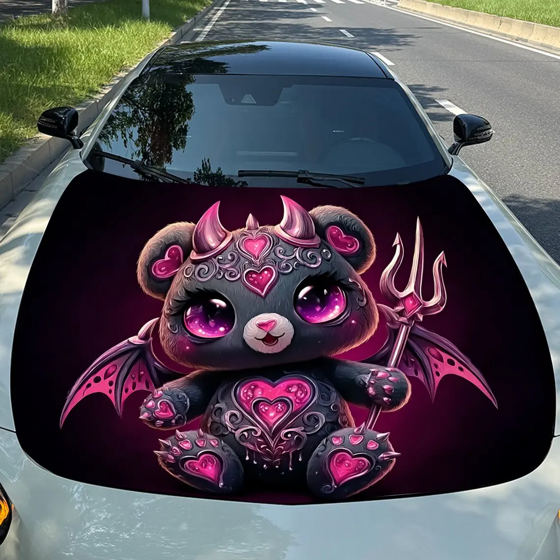 Devil Bear Car Hood Decal - Cool Pattern Design, Self-Adhesive PVC Sticker For Cars, Motorcycles, And Trucks, Durable And Stylis
