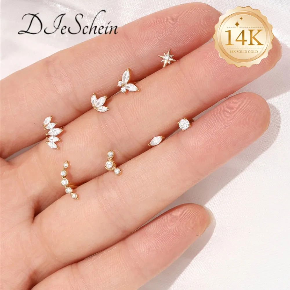 DIeSchein 14K Solid Gold Cartilage Stud Earrings Women CZ Cross Piercing Earring Helix Tragus Lobe Piercing Ear Birthday Gifts