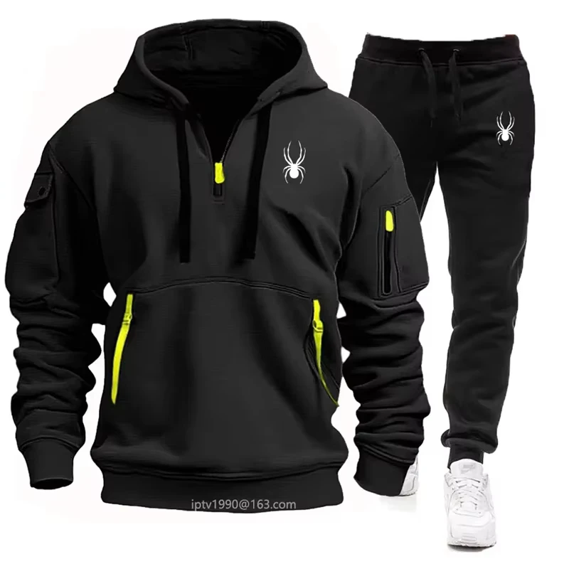 Men's hot selling high-end multi pocket zipper hooded jogging casual hooded sports set 2025 autumn and winter new item