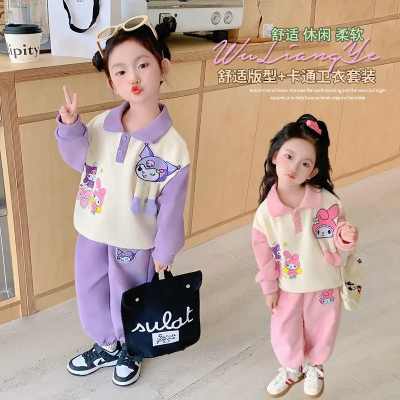 

Sweet Kawaii Kuromi Sanrio Anime Ins Casual Hoodie Pants Set Cute Cartoon My Melody Children Two-piece Clothing Gifts for Kids