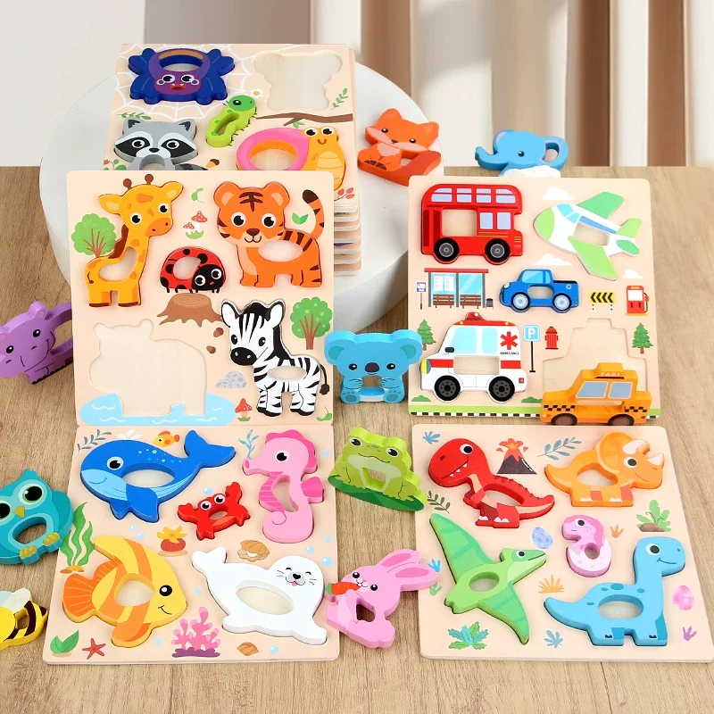 

Cartoon Animals Pattern Jigsaw Board Game Montessori 3D Wooden Puzzle Kids Educational Learning Toys Gifts for Children