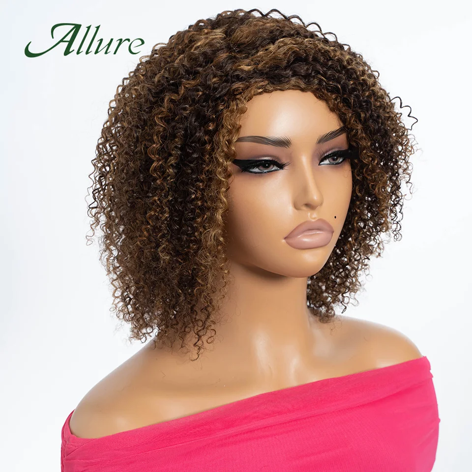 Brazilian Jerry Curly Human Hair Wigs For Women Dark Brown Colored Afro Kinky Hair Wigs Short Curly Hair Glueless Wig Allure