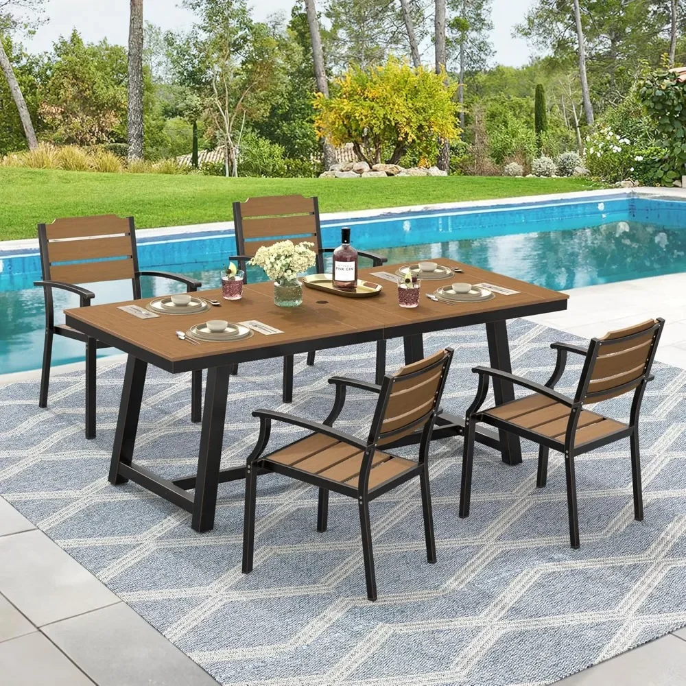 Patio table and chair set, Patio furniture set, outdoor furniture set with umbrella holes, brown oil printing