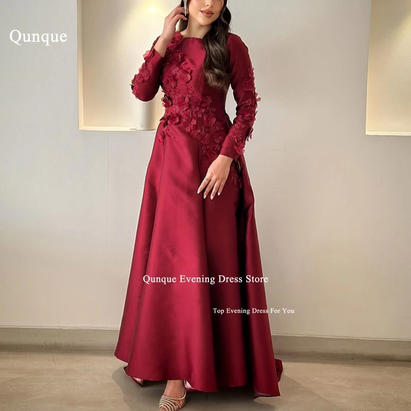 

Qunque Burgundy Prom Dress High Neck Long Sleeves Birthday Wedding Party Gown Evening Gown Beaded Appliques Vestido De Noche