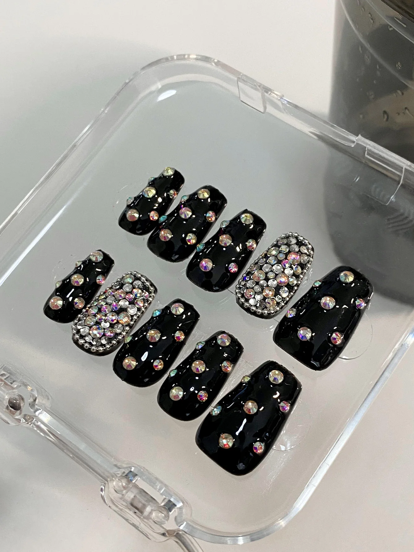 Cool Black Rhinestone Wearable Nails, Medium Coffin Press On Nails, Scattered AB Gems & Fully Bling Nail, Trendy Dark Nail Art