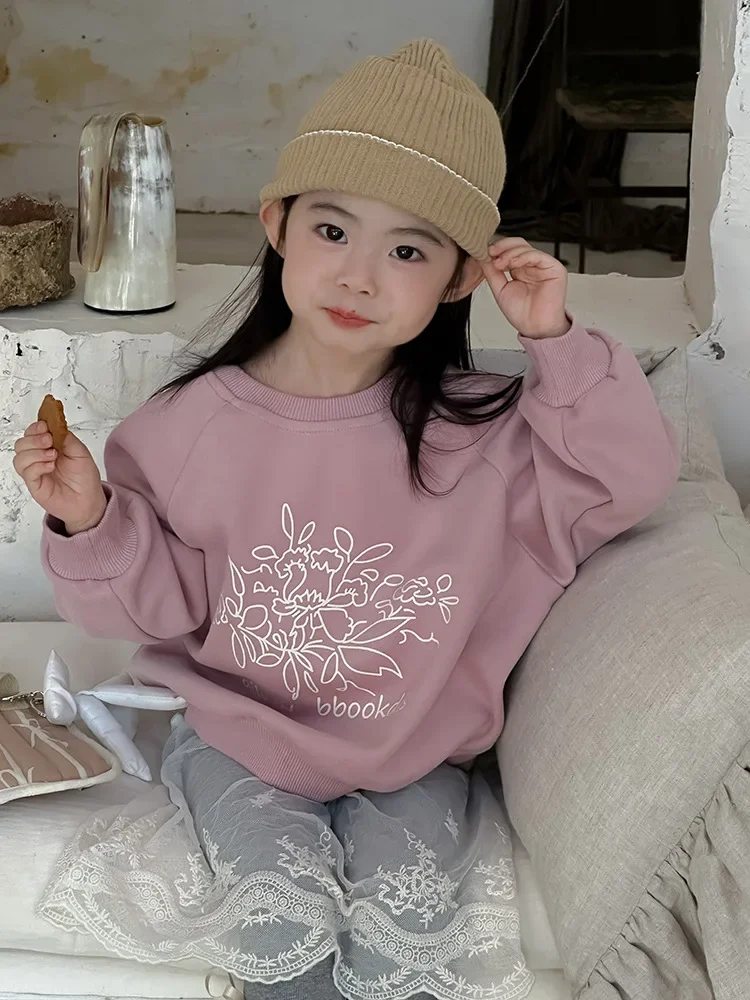 Children Flower Printed Sweatshirt 2024 Autumn New Korean Girls Printed Long Sleeved Round Neck Sweatshirt