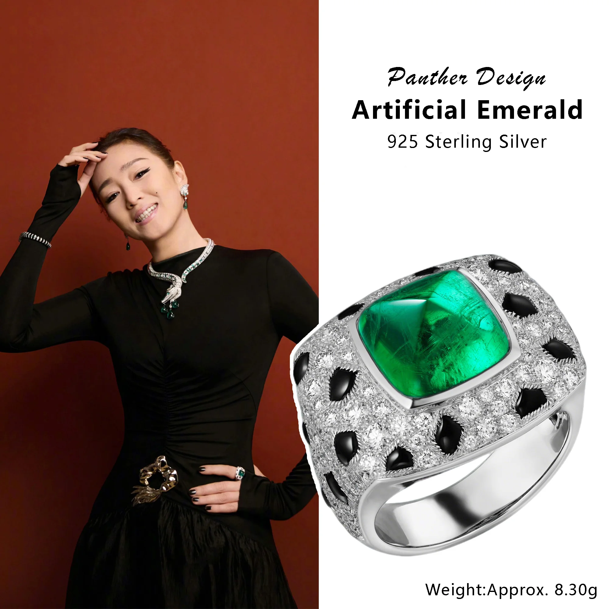 Women's Panther Ring Sugar-loaf Cut Emerald 925 Sterling Silver Animal Black Enamel Fine Jewelry Statement Birthday Banquet Gift
