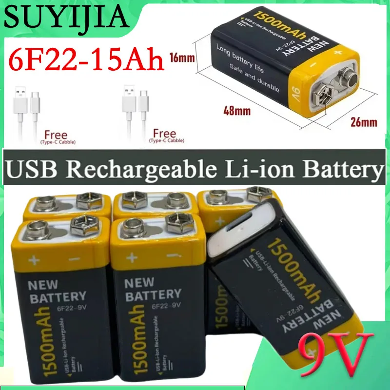 

NEW Original USB Battery 9V 6F22 1500mAh Li-ion Battery USB Type-C 9V 6F22 Lithium Battery For Toys Remote Control Dropshipping