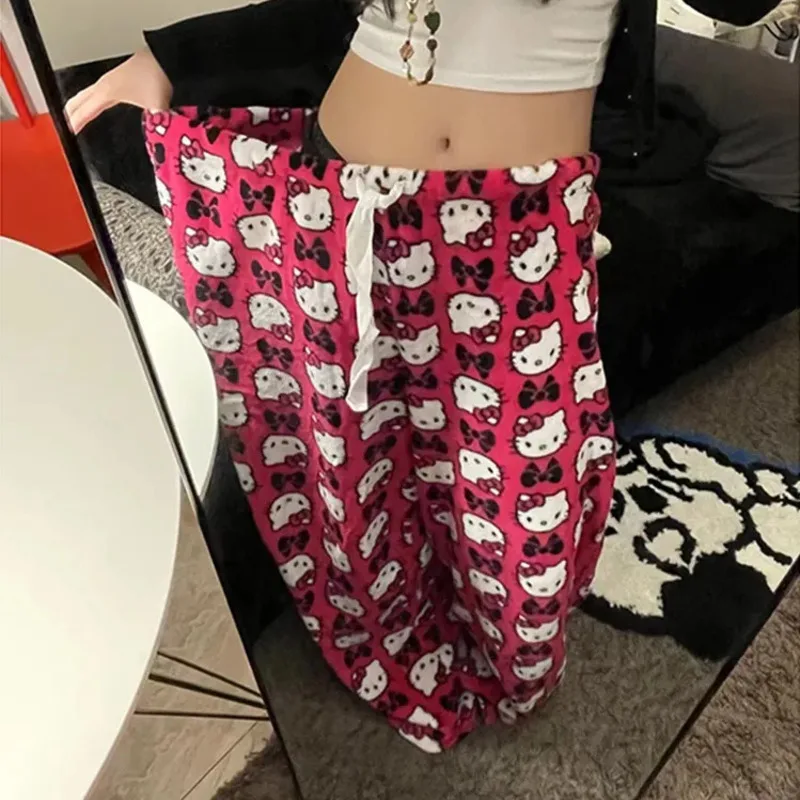 Hello Kitty Loose High Waist Pants Sanrio Lovely Casual Thin Pant Trousers Women New Wide Leg Pant Aesthetic Y2k Fashion Printed