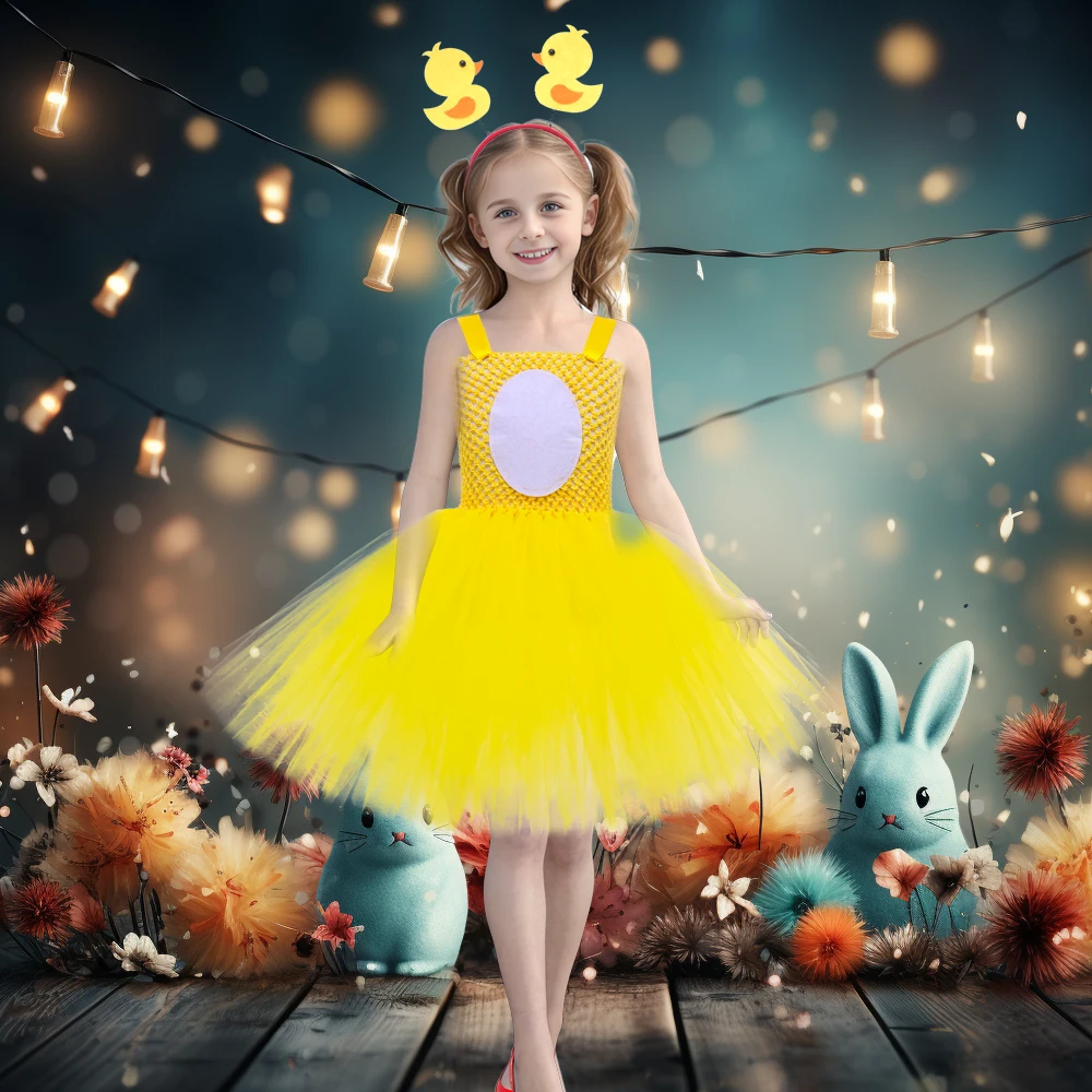 Yellow Duck Baby Girls Dress Up Costume Cute Animal Kids Easter Party Dresses Girl Princess Tulle Dress Summer Spring Clothes