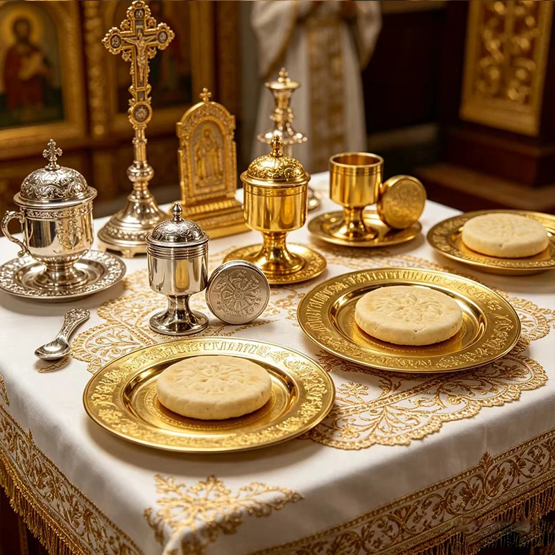 Orthodoxes Altar-Set Gold Silber Metall-Ikonenplatte und Heiliges Ölgefäß mit Löffel für Kirchenbedarf Byzantinisches Religiöses Geschenk – Detail 3