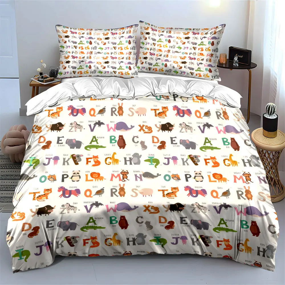 Fun animal and alphabet pattern Print Bedding set 3PC 1 duvet cover 2 pillowcases adult and children bedding set Luxury