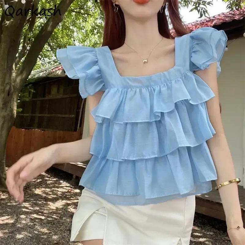 

Sleeveless Blouses Women Summer Casual Designed Temper Y2k Tops Aesthetic Clothes Camisas Ruffles Blusas Korean Style Hotsweet