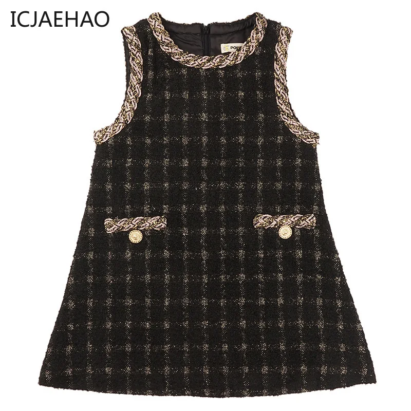 

Baby Girls Woolen Elegant Dress Korean Autumn Winter Kids Girl Black Plaid Vest Dresses Children Princess Costume Party Clothes