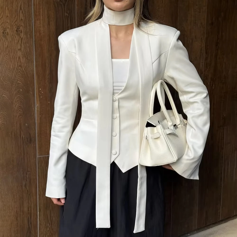 Single Breasted Coat Women's V Neck Scarf With Long Sleeve Waist-Cinching Blazer Jacket Lady Casual Slim Commute Coat