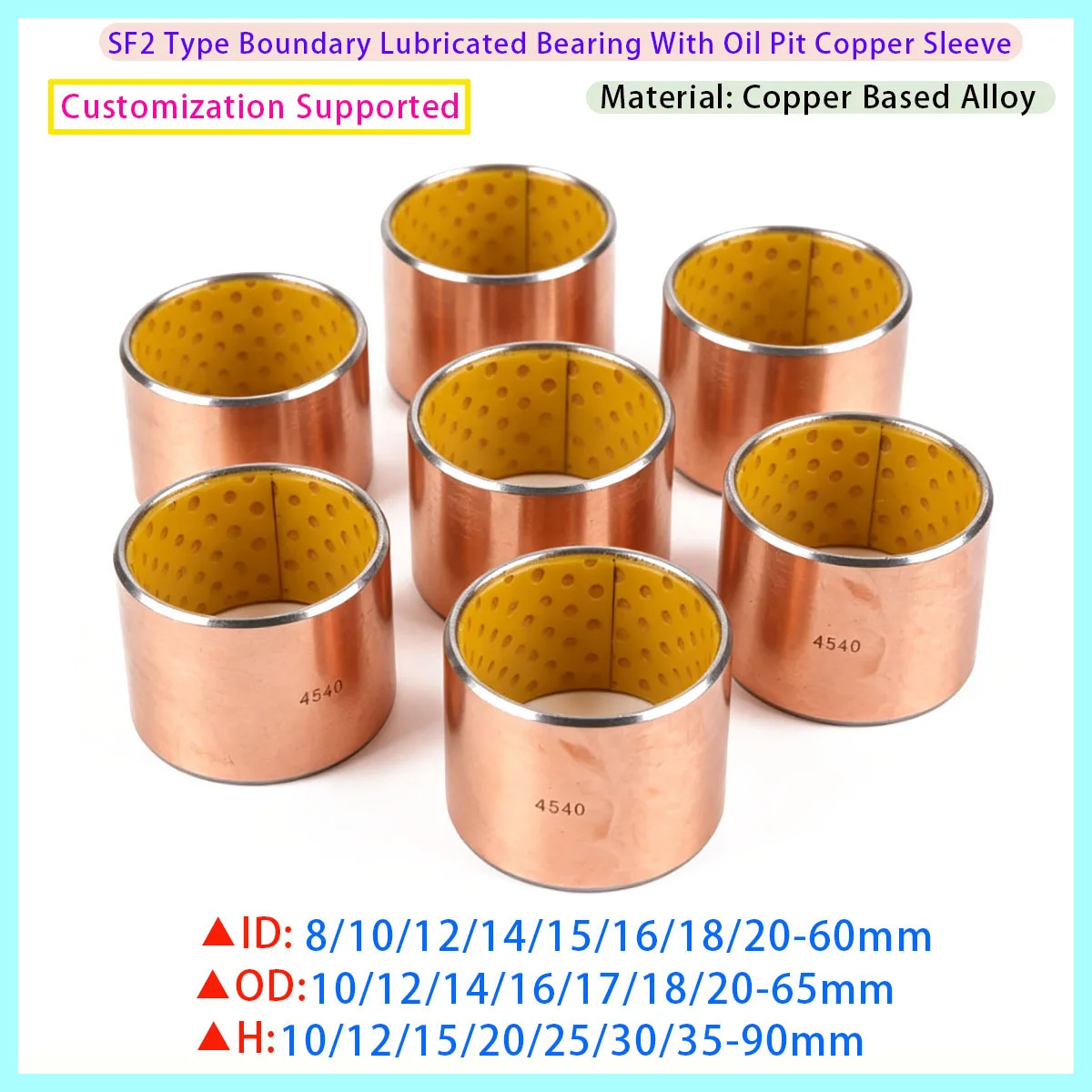 SF2 Type Boundary Lubricating Bearing with Oil Pockets, Copper Bushings, ID 8/10/12/15/16/20/25/30mm, Length 50–60mm