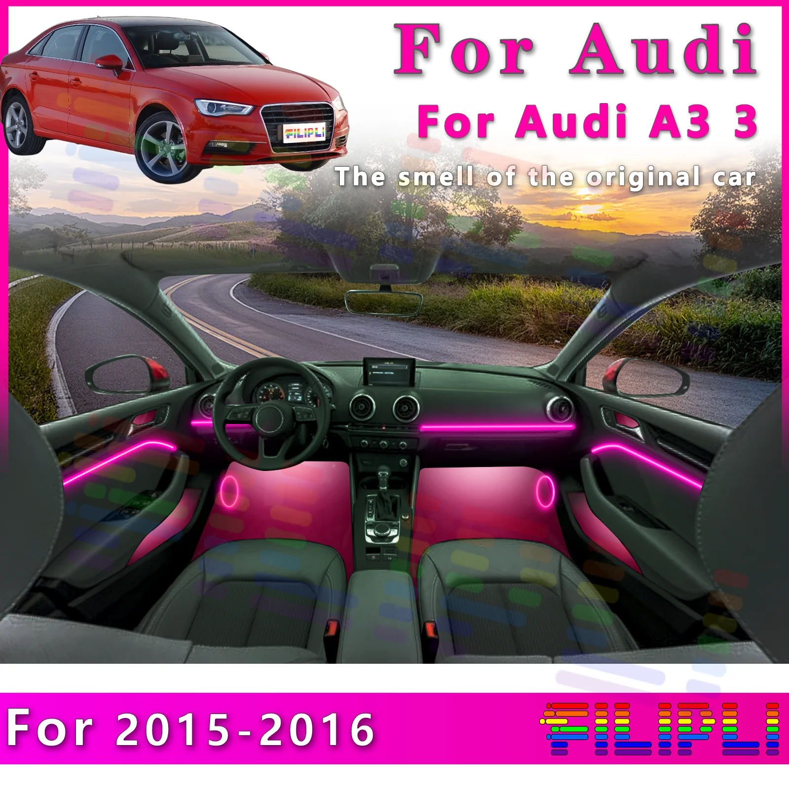 

For Audi A3 2015-2016 Car Interior RGB LED Atmosphere Light Strip Fiber Optic Neon Invisible Ambient Lamp APP Decoration Trim