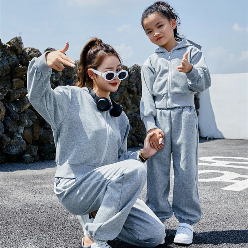 Mom Baby Girls Matching Clothing Sets Mother and Daughter Equal Outfits Fashion Women Hooded Jacket Zip+pants Two Piece Clothes