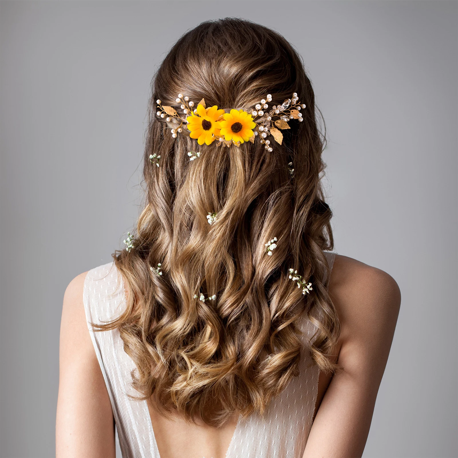 3 teile/satz Sonnenblume Braut Zubehör Kit, Hochzeit Sonnenblumen Stirnband, Braut Sonnenblume Halskette Ohrringe, Blume Kristall Haar v