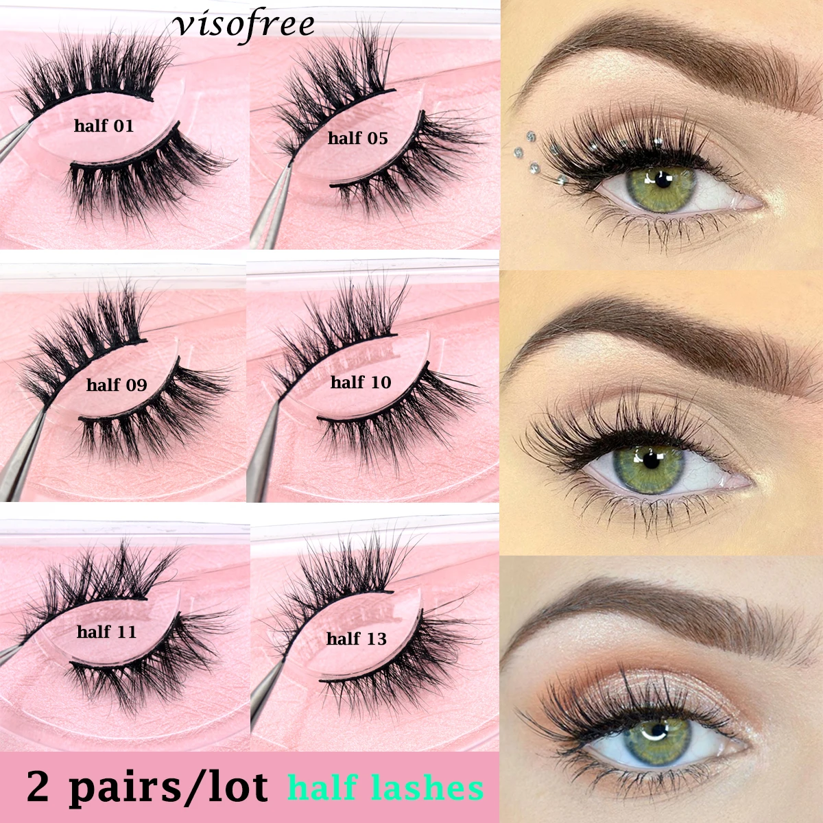 2คู่ครึ่งขนตา3D Mink Lashes ขนตาธรรมชาติสั้นขนตาปลอม Faux Cils แต่งหน้าขายส่ง Fake Eyelash Extension