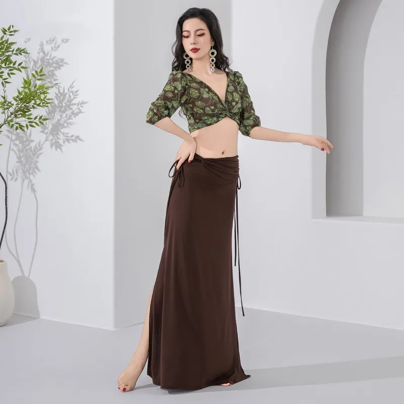 2026 Bellydance Costume Long Sleeve Floral Print Gauze Top Modal Long Skirt Sexy Oriental Dancer Practice Clothes Stage Show