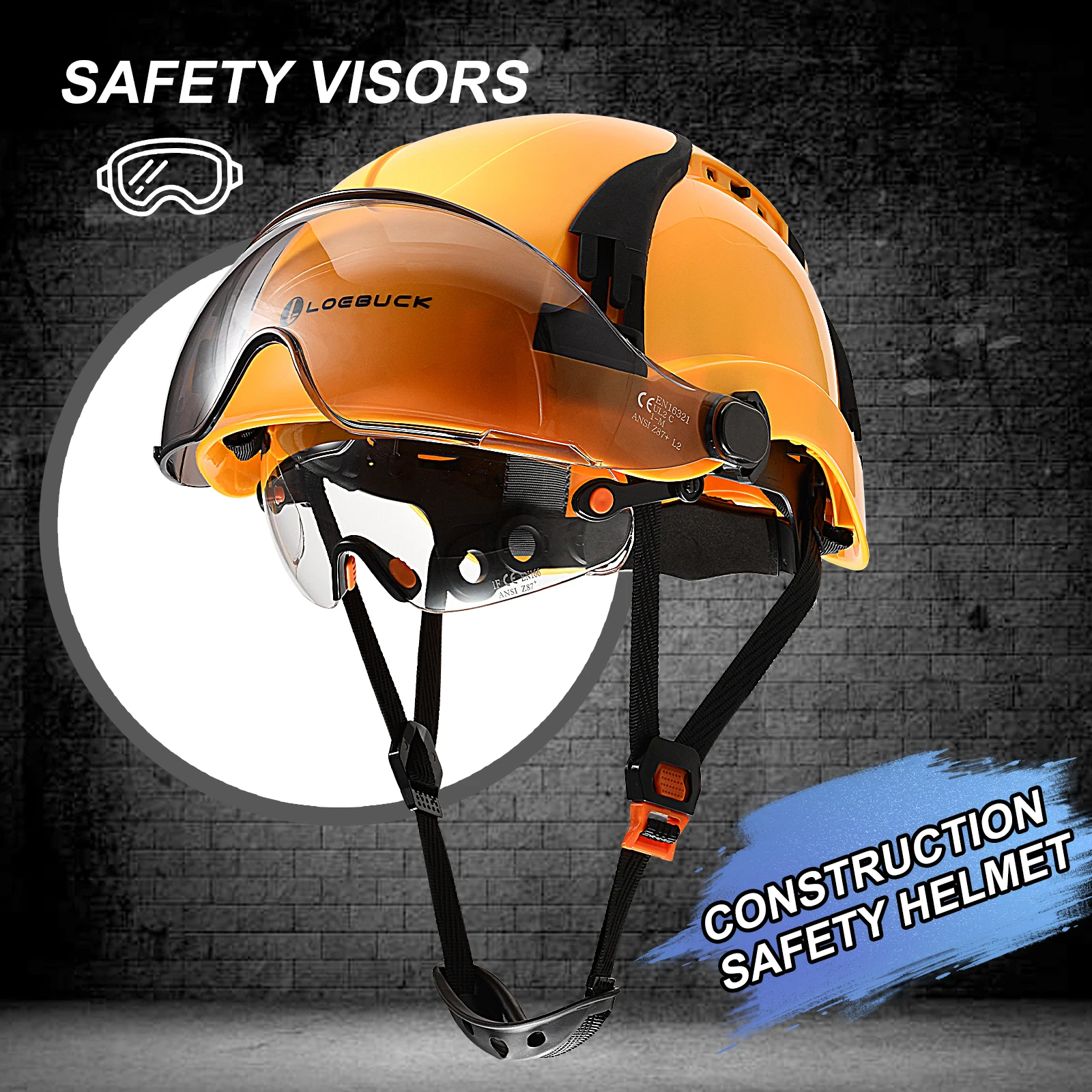 LOEBUCK safety helmet with dual goggles ANSI Z89.1 and EN397 approved lightweight ventilated work helmet with 6-point adjustable