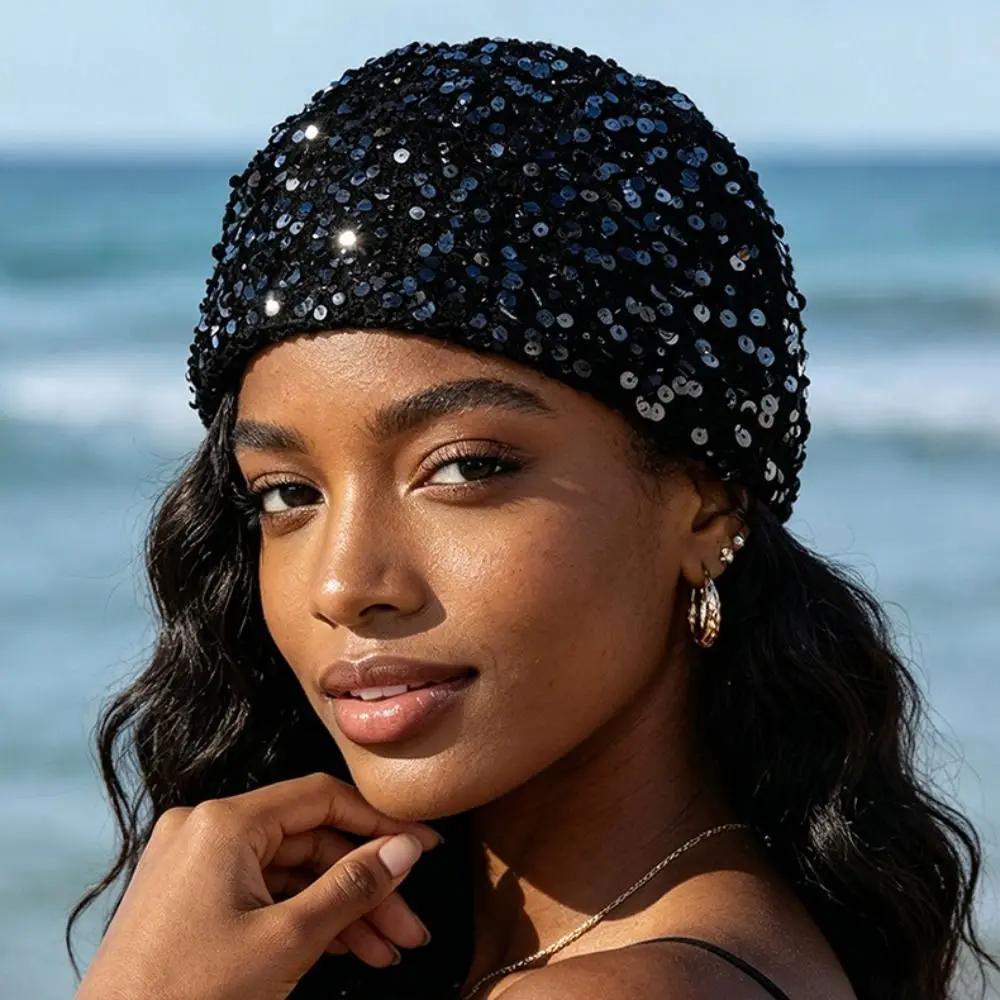 Casual Elegant Sequined Beanie Crochet Thin Knitted Hat Ethnic Style Hollowed Out Woven Pullover Cap Spring Summer