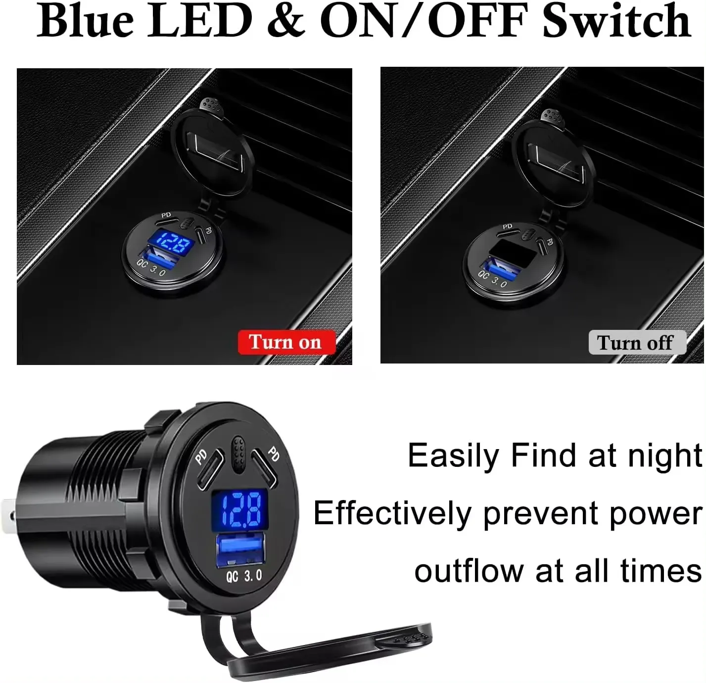 Triple 12V USB Outlet USB C Car Charger Socket Dual PD 45W and 18W QC3.0 Port USB Car Socket With Voltmeter and Button Switch