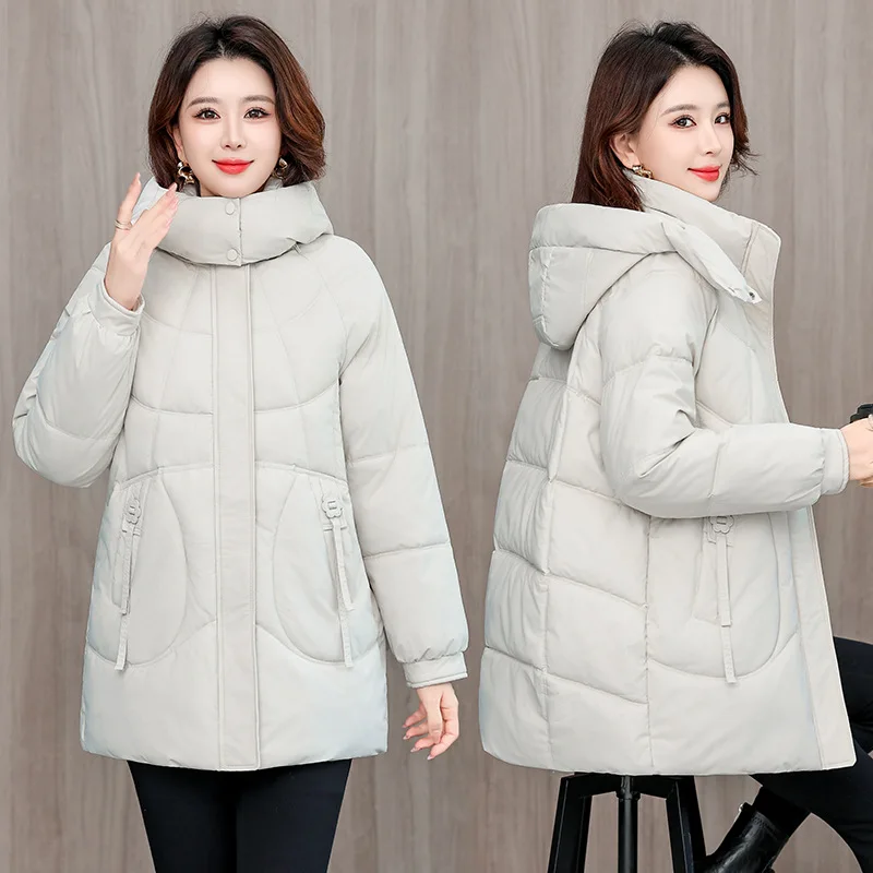 Hooded Parkas Coats Women Mid Lenth Jackets Solid Zipper Pocket Button Long Sleeve Wide Waist Loose Fit Thick Casual 2025 Winter