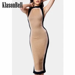 1.3 KlasonBell Fashion Contrast Color Striped O-Neck Sleeveless Tank Dress Women Bright Silk Knit Slim Pencil Midi Dress